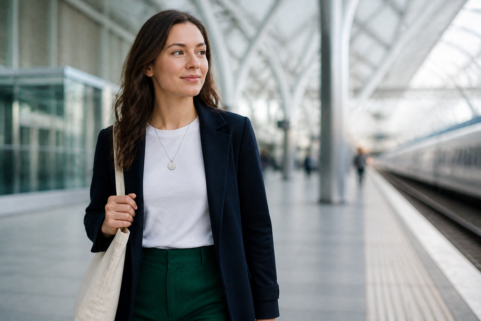 Conceptbeeld van een jonge vrouw die ontspannen door een station loopt met de ronde Liora-pendant aan een ketting